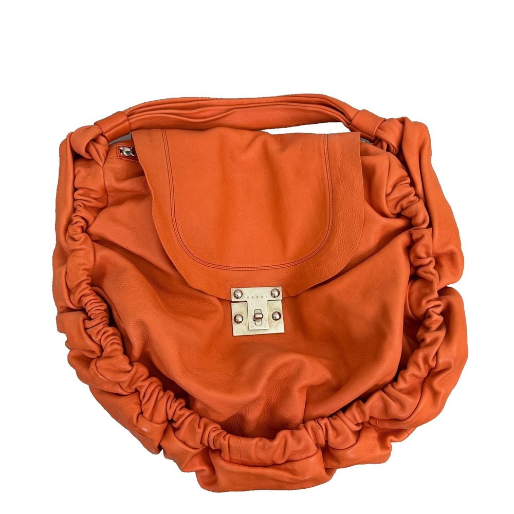 Marni Leather Hobo Bag Orange Purse Top Handle Flap Lock Large Ruffle Italy FLAW
